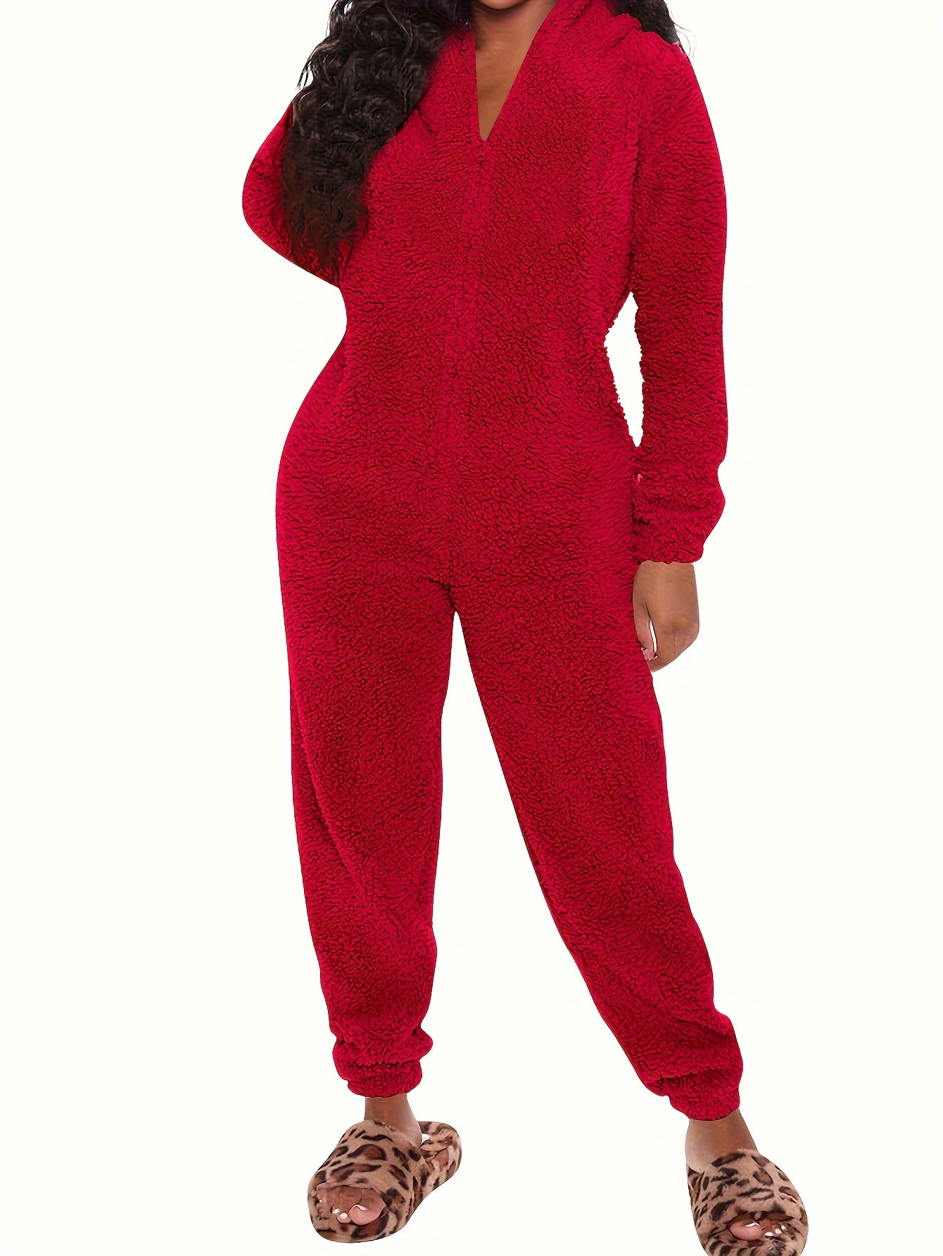 Famlix Fuzzy Hooded Pajama Jumpsuit