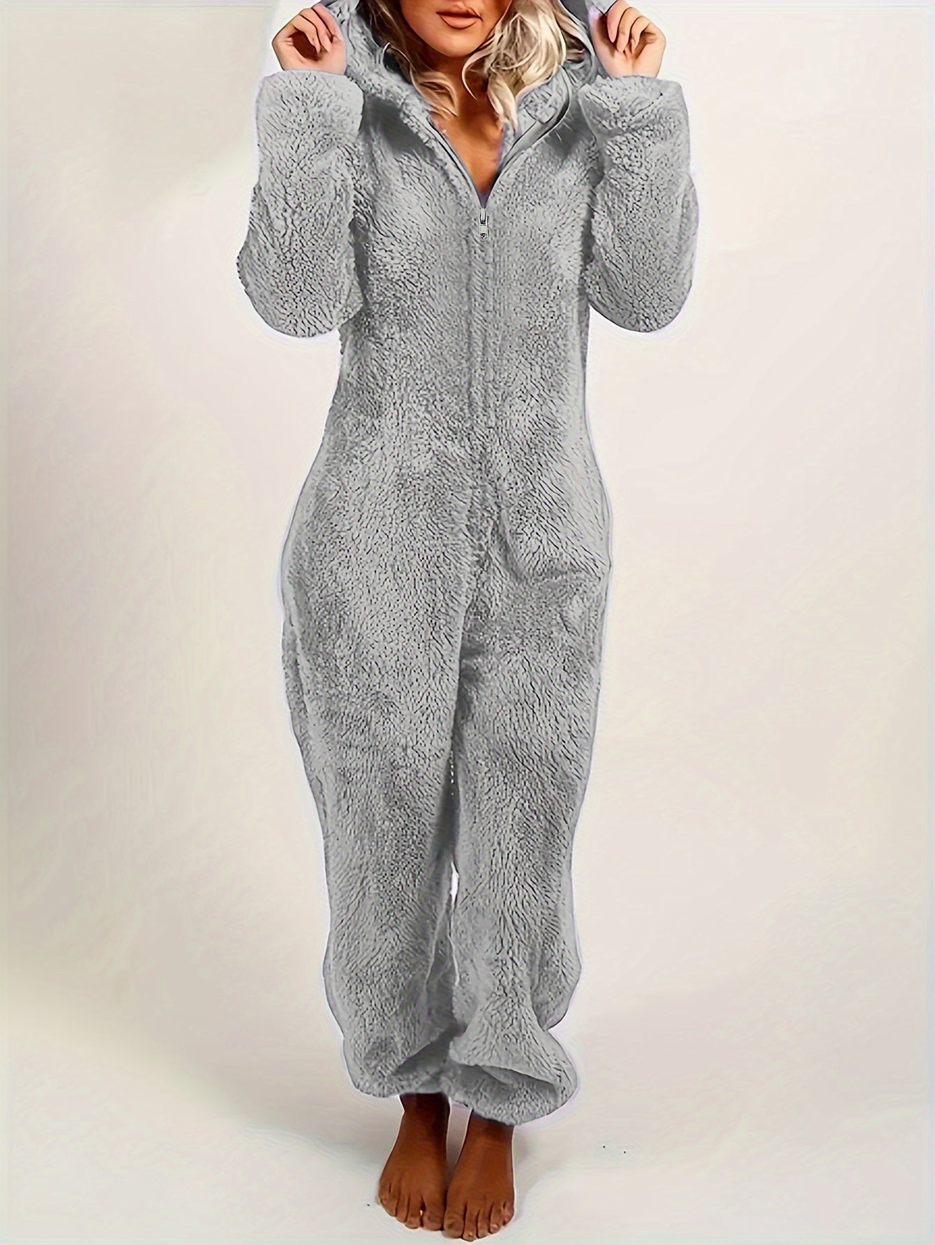 Famlix Fuzzy Hooded Pajama Jumpsuit