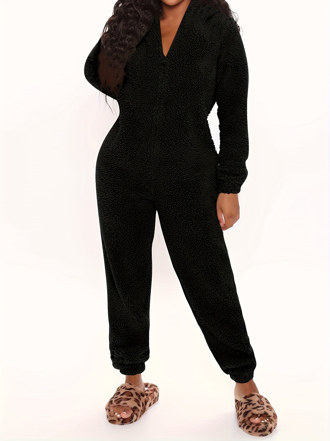 Famlix Fuzzy Hooded Pajama Jumpsuit