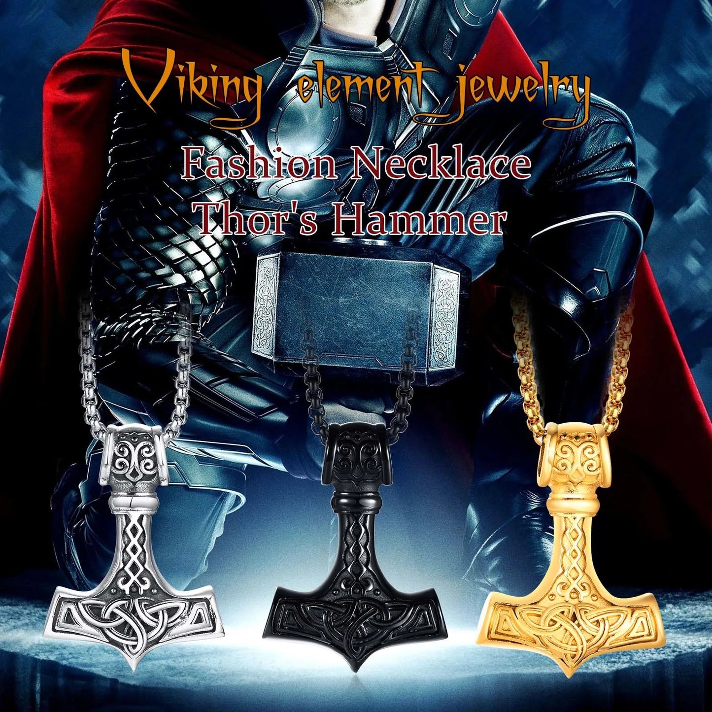 Vnox Vintage Men Norse Viking Necklaces, Thors Mjolnir