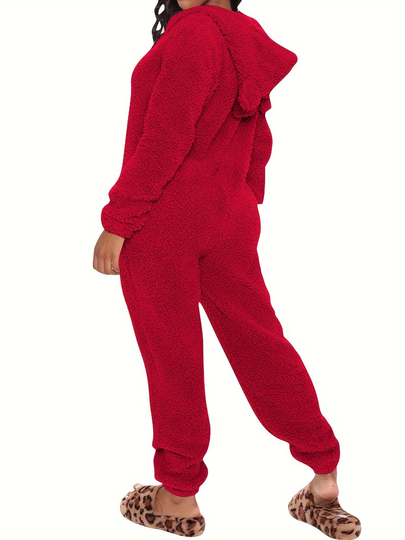 Famlix Fuzzy Hooded Pajama Jumpsuit